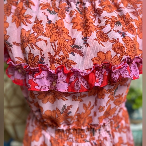 JESSICA SIMPSON PINK & ORANGE RUFFLE FLORAL PRINT OFF SHOULDER MINI DRESS SZ L - Picture 4 of 11